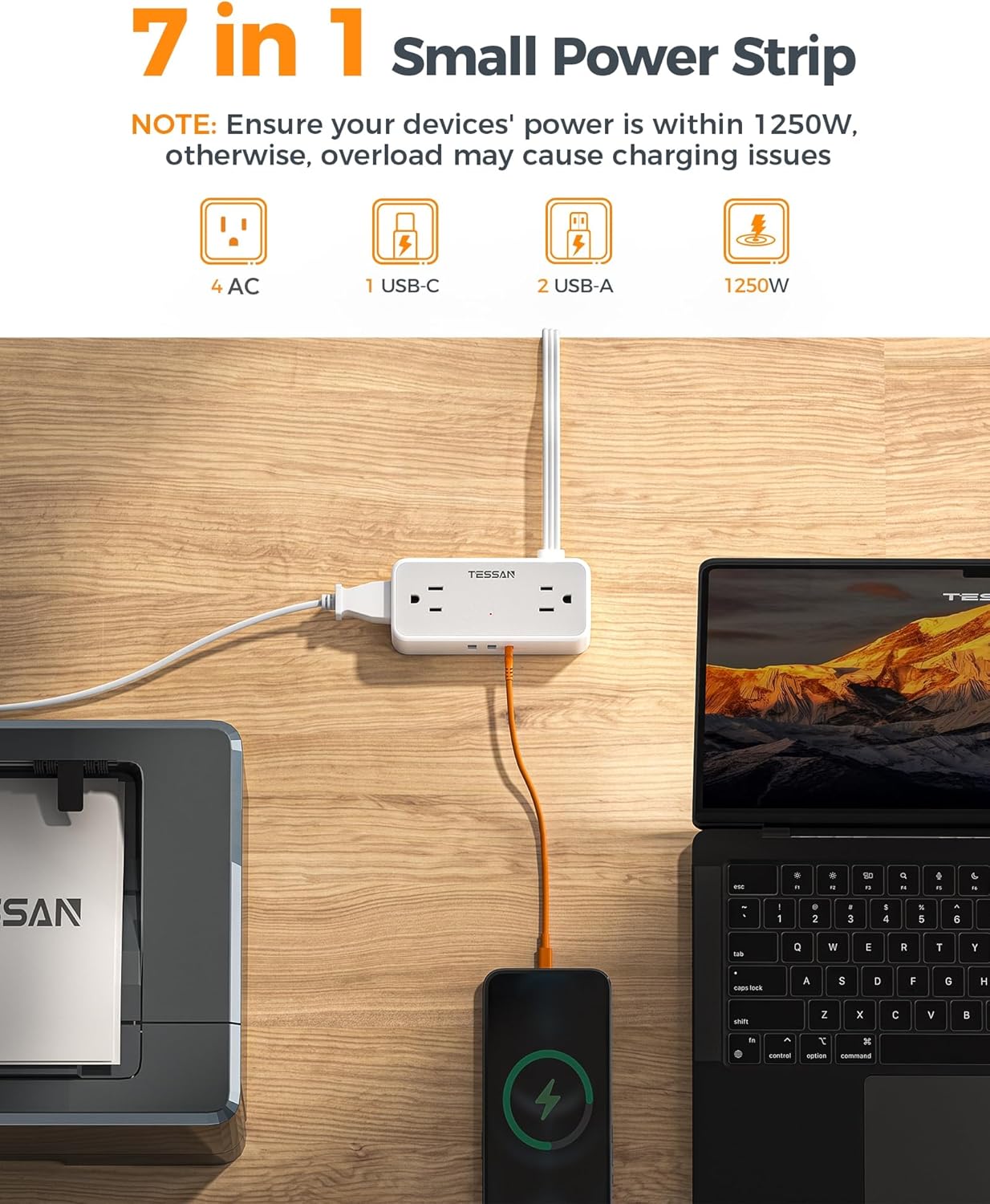 TESSAN Flat Plug Extension Cord 5 FT, Surge Protector Power Strip with 4 AC Outlets 1 USB C and 2 USB A Ports, 900 Joules Protection, 1250W, Multiple Wall Outlet Extender Suitable for Home Office Dorm
