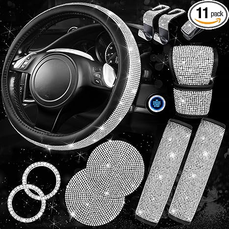 CAR PASS 11 PCS Bling Diamond Car Accessories for Women, Sparkly Rhinestone Steering Wheel Cover, Bling Seat Belt Cushion, Glitter Shift Knob Cover, Car Cup Holder Coaster, Cute Interior Sets Silver