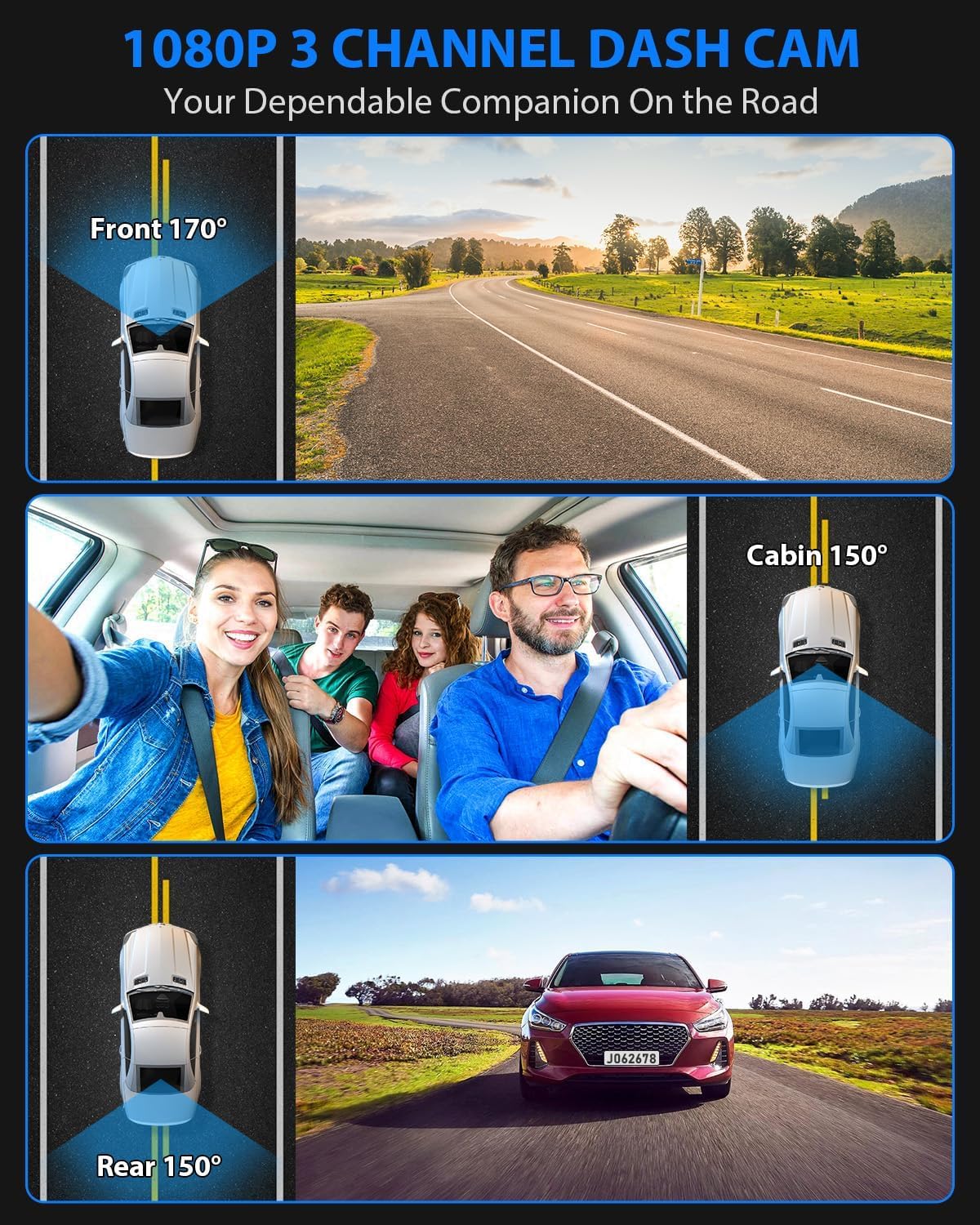 Dash Cam Front and Rear, 1080P Dash Camera for Cars, 3 Channel Car Camera Front Rear and Inside with 32GB Card, Loop Recording, Night Vision, HDR, 24Hr Parking, G-Sensor