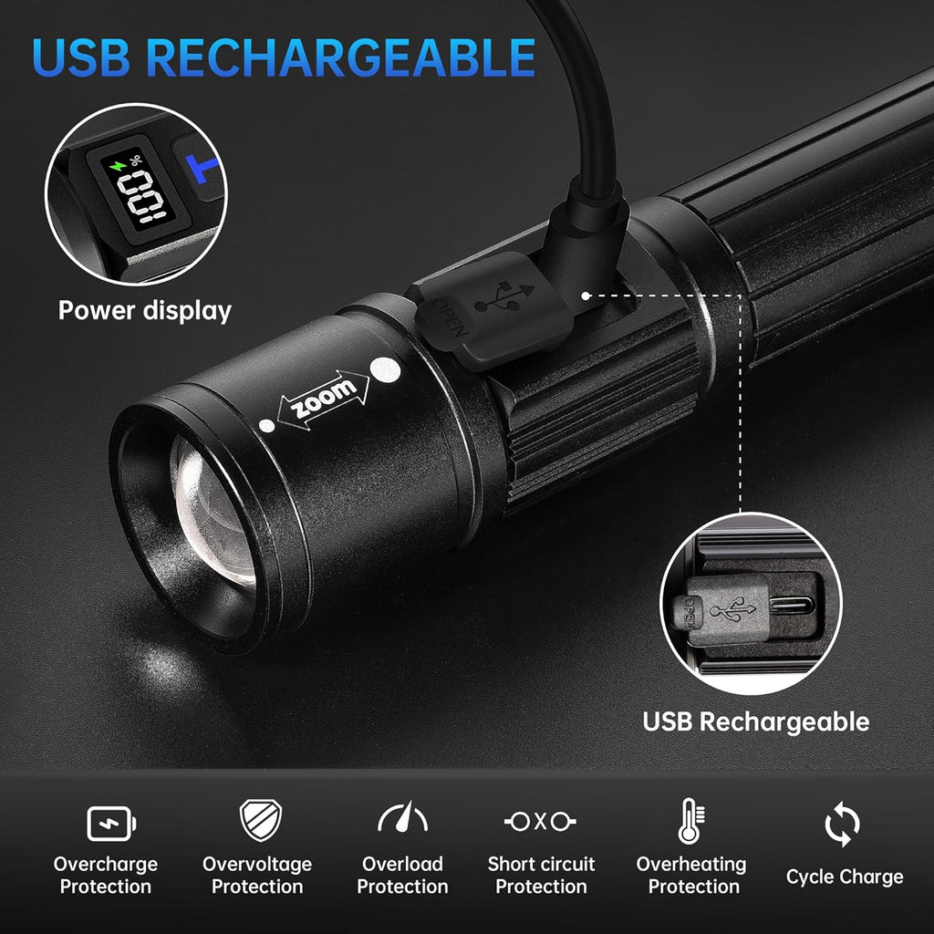 Rechargeable Flashlights 2 Pack, Super Bright High Lumens Flash Light, 5 Modes Zoomable Linternas with LCD Digital Display, Powerful Handheld LED Flashlights for Home Emergencies Camping