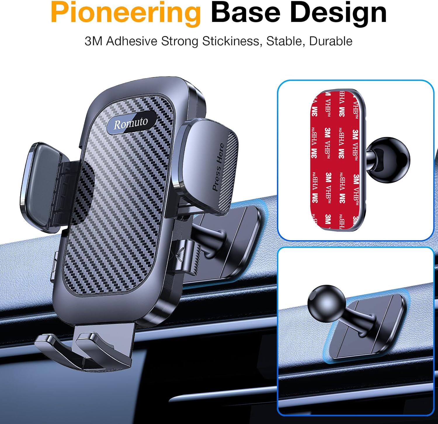 Romuto Phone Holders for Your Car Phone Holder Mount【Super Suction】 Cell Phone Mount for Car Accessories for Women Men Dashboard/Windshield/Vent Truck Stand Camera Mounts for iPhone Samsung