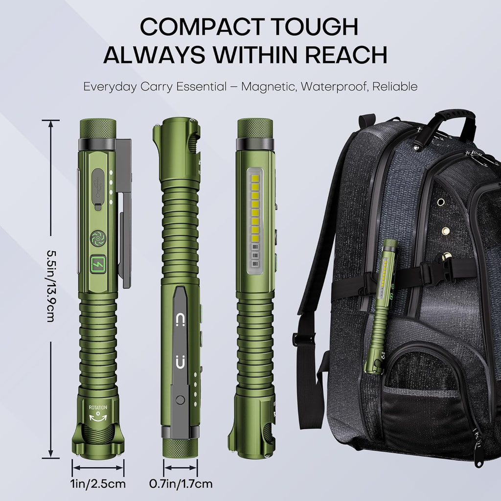 EDC Flashlight Rechargeable,800 Lumen Small Flashlight with Magnetic Clip & Base, 11 Modes LED Flashlight,Glass Breaker&Bottle Opener, USB-C Flashlight for Working,Home and Emergency