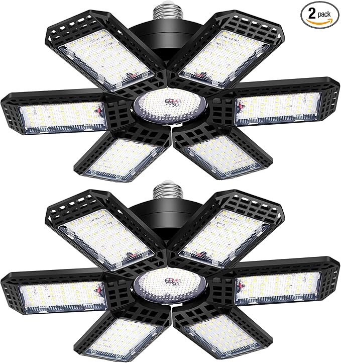 2 Pack Garage Lights, 200W 20000LM 6500K LED Shop Lights, Garage Light Ceiling Led with 6+1 Deformable Panels, Screw in E26/E27 Socket Bulb for Warehouse, Workshop, Basement, Barn Lighting