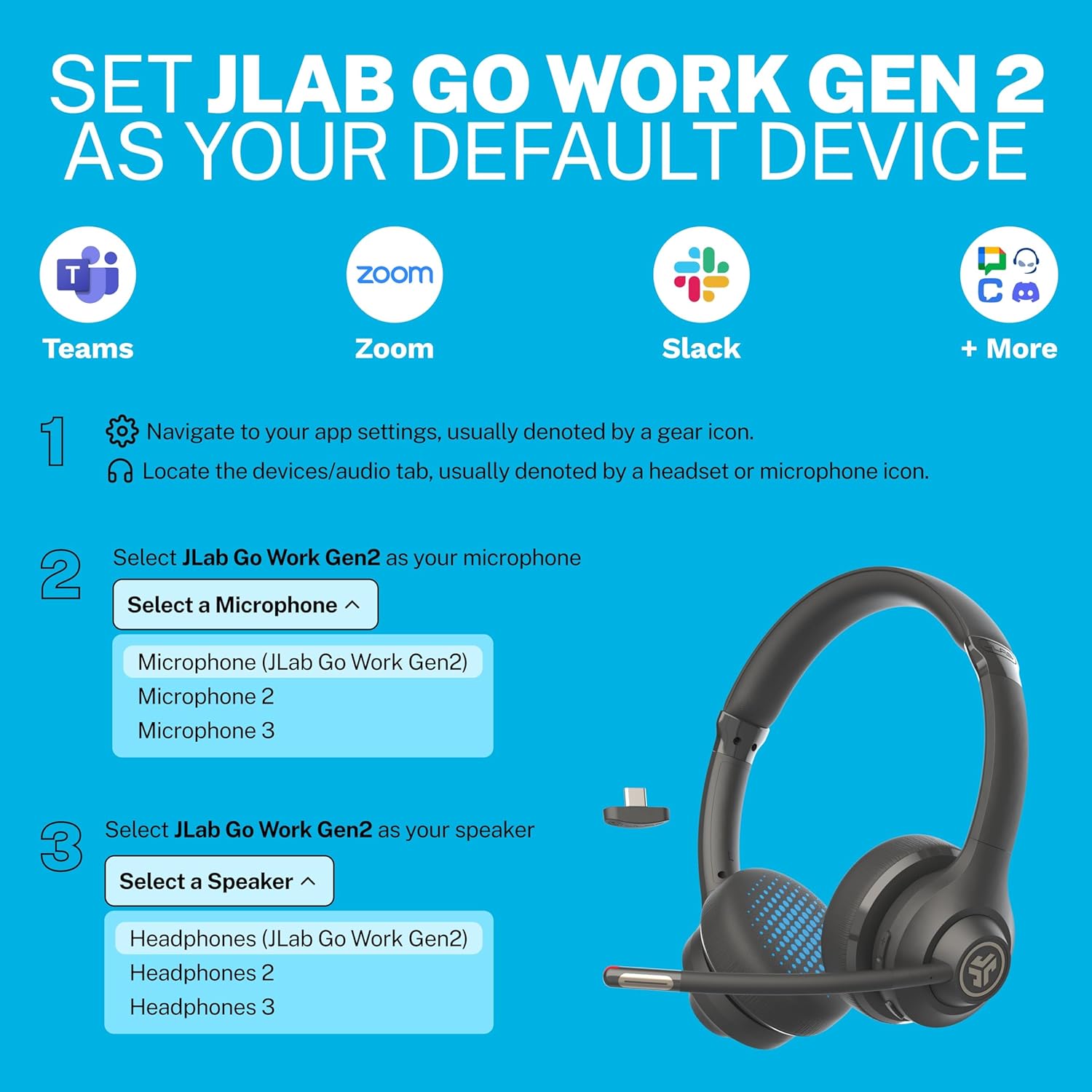 JLab Go Work Gen 2 Wireless Headsets with Microphone - 55+ Playtime PC Bluetooth Headset and Multipoint Connect to Laptop Computer and Mobile - Wired or Wireless (Bluetooth or USB Dongle) Headphones