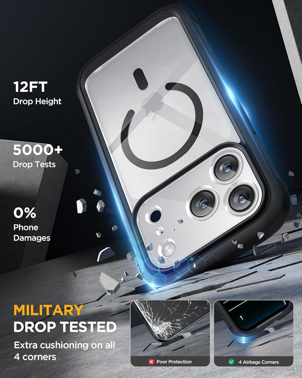 Miracase for iPhone 17 Pro Case 6.3", Full-Body Bumper Military Drop Protection Outdoor Phone Case with Built-in Glass Screen & Full Camera Protector,Camera Control,Compatible with MagSafe,Black
