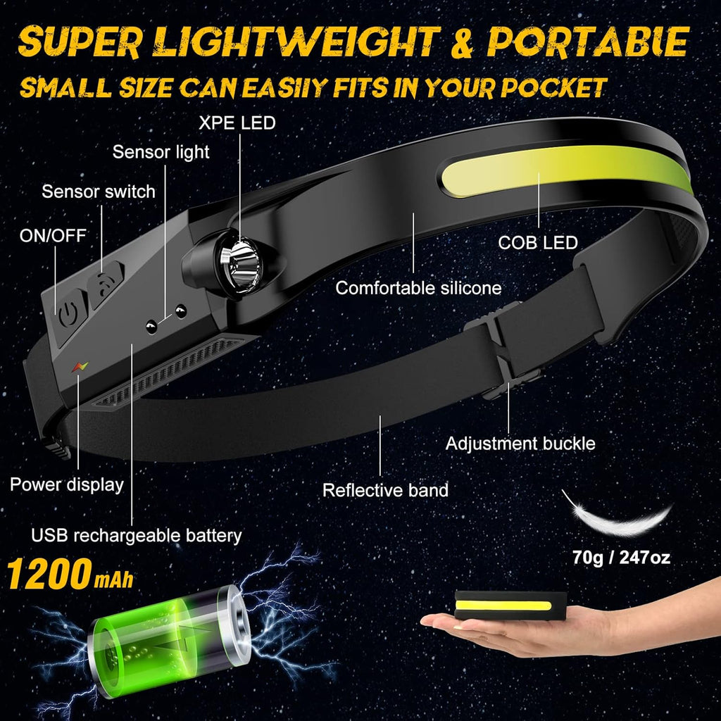 LED Headlamp, 2 Pack Rechargeable Flashlight for Adults, 230 Wide Beam Headlight, Motion Sensor Head Lamp, Adjustable Headband Outdoor Waterproof Head Light for Running, Camping, Hiking