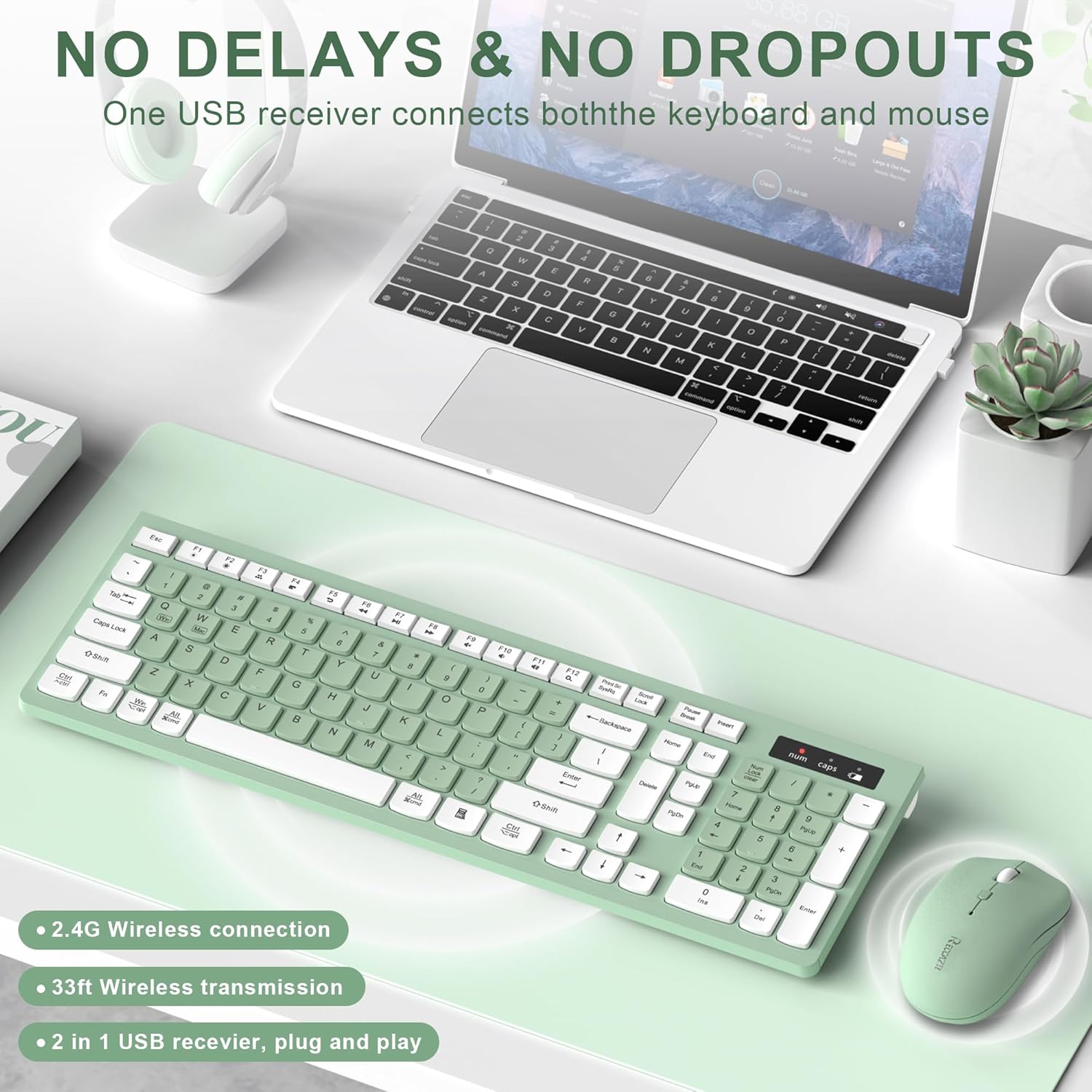 Wireless Keyboard and Mouse Combo, Full-Sized Wireless Keyboard and Adjustable DPI Mouse, 2.4GHz USB Receiver, Silent Keyboard and Mouse for PC, Windows, MAC, Desktop, Laptop (Avocado Green)