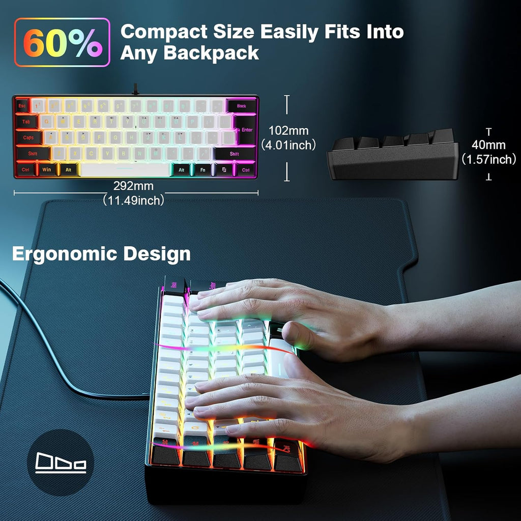 Snpurdiri 60% Wired Gaming Keyboard, 61 Keys RGB Backlit Ultra-Compact Small Gaming Keyboard, for PC/Mac Gamer, Typist, Travel, Easy to Carry on Business Trip(Black-White)
