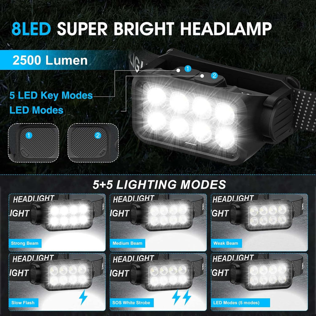 Rechargeable Headlamp Flashlight 2-Pack, 8 LED 2500 Lumen Ultra-Light Bright Headlight, Waterproof Lightweight Head Lamp for Adult Kid, Headlamps for Outdoor Camping Running Fishing