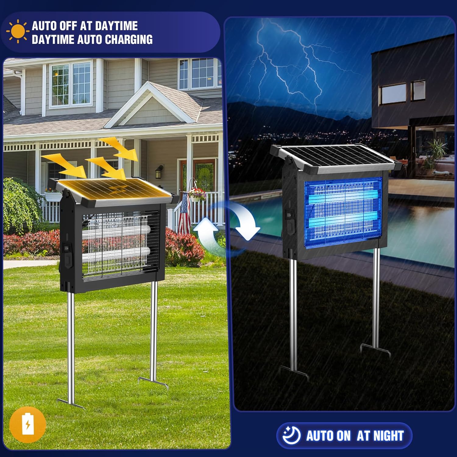 Solar Bug Zapper Outdoor, 4500V Mosquito Zapper Waterproof with Panel Sensor Electric Fly Zapper Rechargeable Mosquito Killer with 10FT Extension Cord, Fly Trap Ideal for Patio, Backyard, Camping