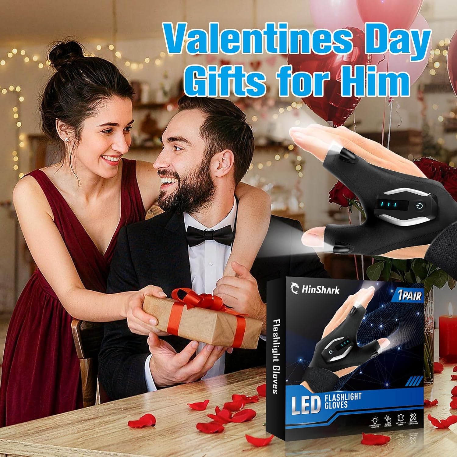 Valentines Day Gifts for Him, LED Flashlight Gloves, Mens Valentines Gifts for Men Dad Husband Boyfriend, Anniversary Birthday Gifts for Camping Essentials Cool Gadgets Tools for Fishing Repairing