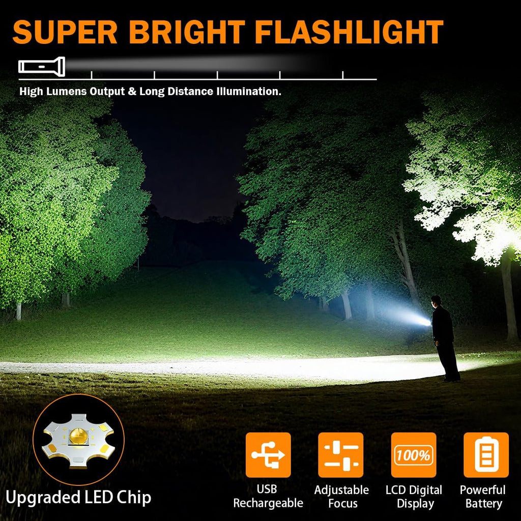 3Pack Rechargeable Flashlights High Lumens 9900FL, LED Flashlight Rechargeable with LCD Digital Display, 5Modes Adjustable Flash Light, Super Bright Flashlight Powerful, Tactical Flashlights for Home
