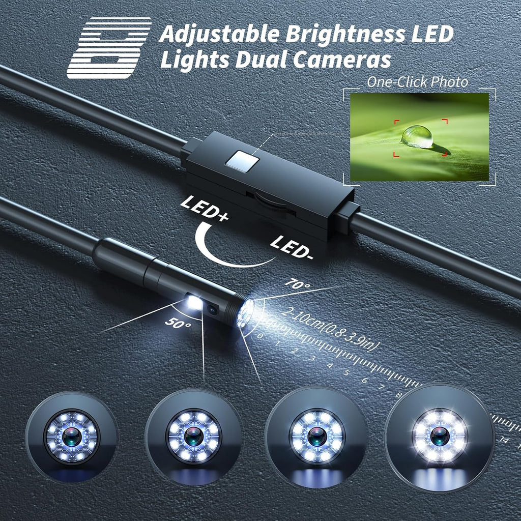 Endoscope Camera with Light,1920P HD Borescope Tools with 8 Adjustable LED Lights, Endoscope with Semi-Rigid Snake Camera, IP67 Waterproof Inspection Borescope for iOS and Android-16.4ft Dual-Lens