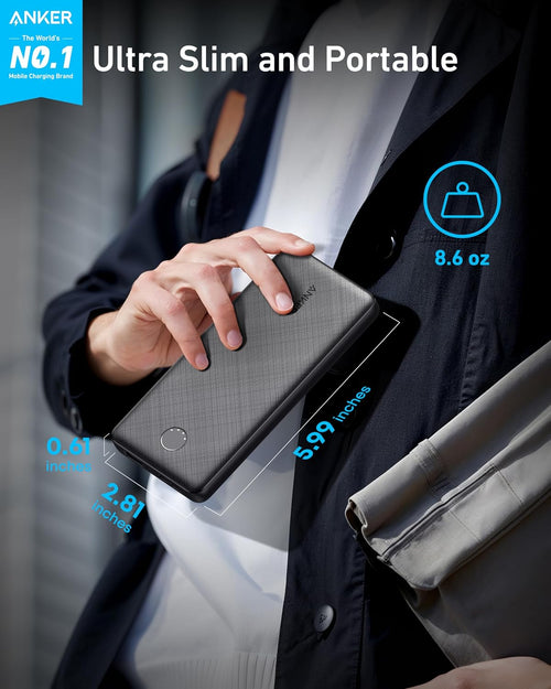 Anker Power Bank(PowerCore 10K), Compact Travel-Ready 10,000mAh Battery Pack with PowerIQ Charging Technology, 5V/3A High-Speed Charging for iPhone, iPad,and More(USB-C Input and Output(Black), 1pack)