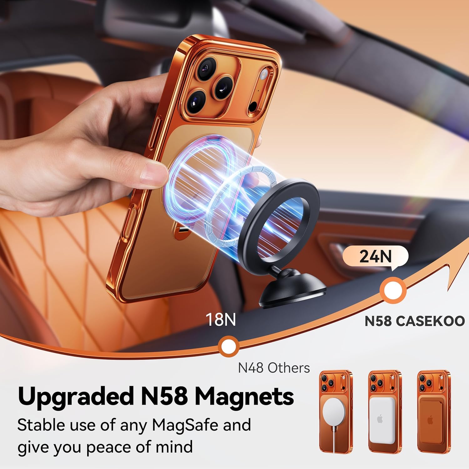 CASEKOO 360 Spin Magnetic Stand for iPhone 17 Pro Max Case [Fit for MagSafe][17FT Military Protection] Slim Hand-Polished Frame Titanium Alloy Sturdy Stand 6.9", Glossy Cosmic Orange