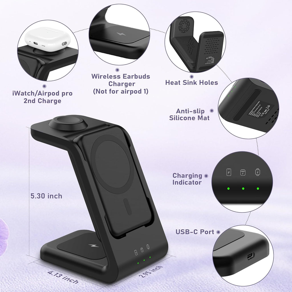 3 in 1 Wireless Charging Station: 5000mAh Removable Power Bank Charger Stand for Phone/Watch/Air Pods - Portable Magnetic Battery Pack for Air 17 16 15 14 13 12 Series