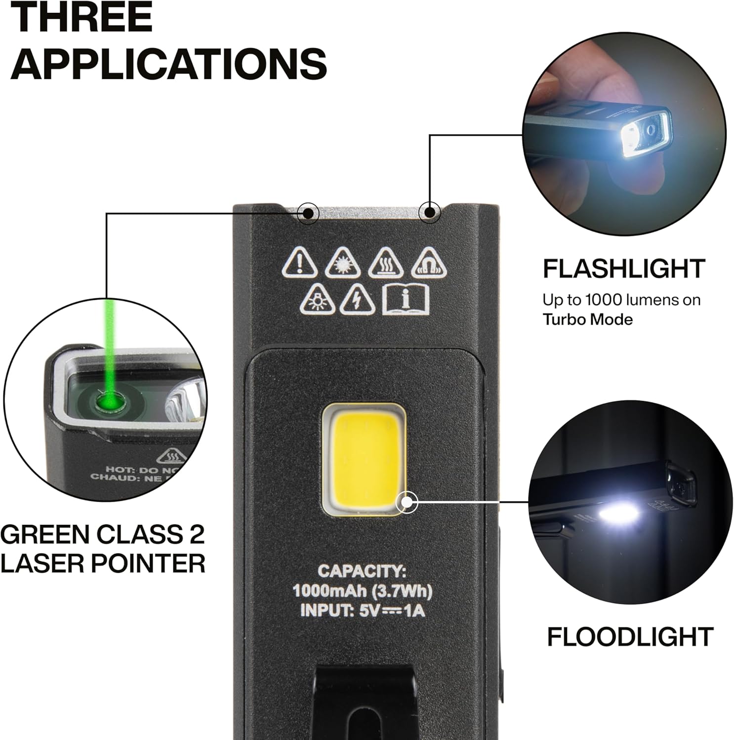 KLEIN TOOLS 56074 EDC Pocket Flashlight with Green Laser, Three Brightness Modes up to 1000 Lumens with Turbo Mode, Built-in Floodlight, <1mW, 510 to 530nm, Class 2, Rechargeable