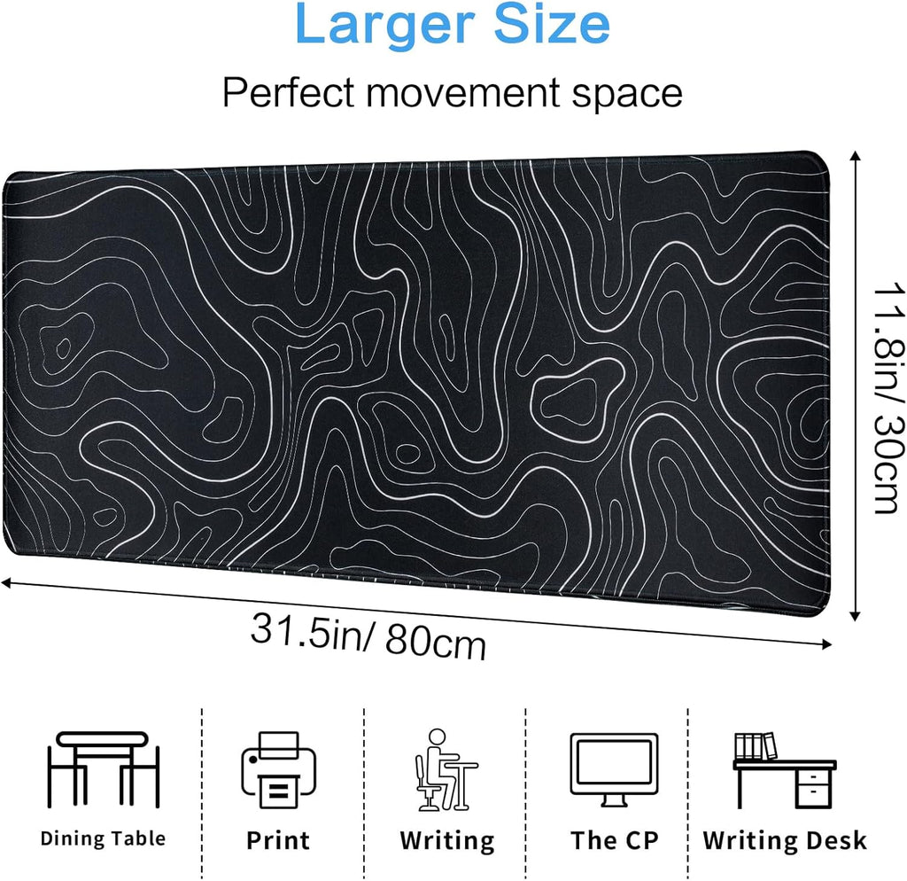 Gaming Mouse Pad Large 31.5 x 11.8in Topographic Keyboard Mousepad for Non-Slip Base and Stitched Edge, Extended Desk Pad XL Desk Mat (Black)