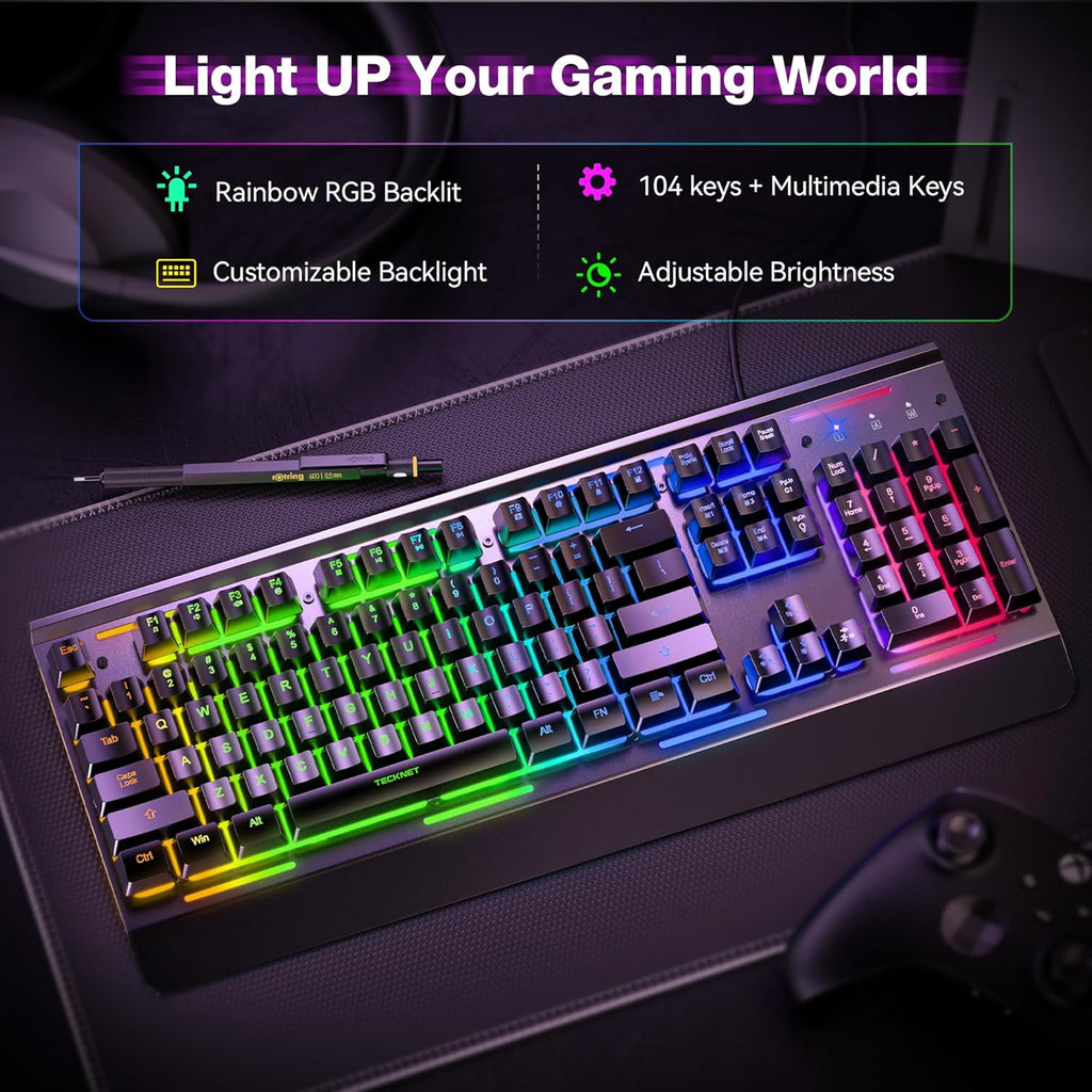 TECKNET Gaming Keyboard, USB Wired Computer Keyboard, 15-Zone RGB Illumination, IP32 Water Resistance, 25 Anti-ghosting Keys, All-Metal Panel (Whisper Quiet Gaming Switch)