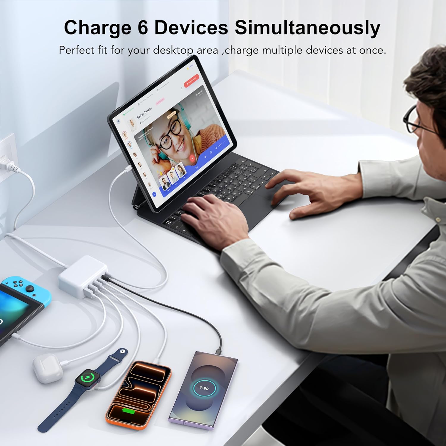 [2026 Updated] USB C Fast Charger, 100W GaN 6 Port Type C Charging Station Hub Block Cube, USB C Wall Charger Power Strip Adapter Plug for iPad iPhone 17 16 15 14 Pro Max Pixel Note Galaxy, 5ft Cord