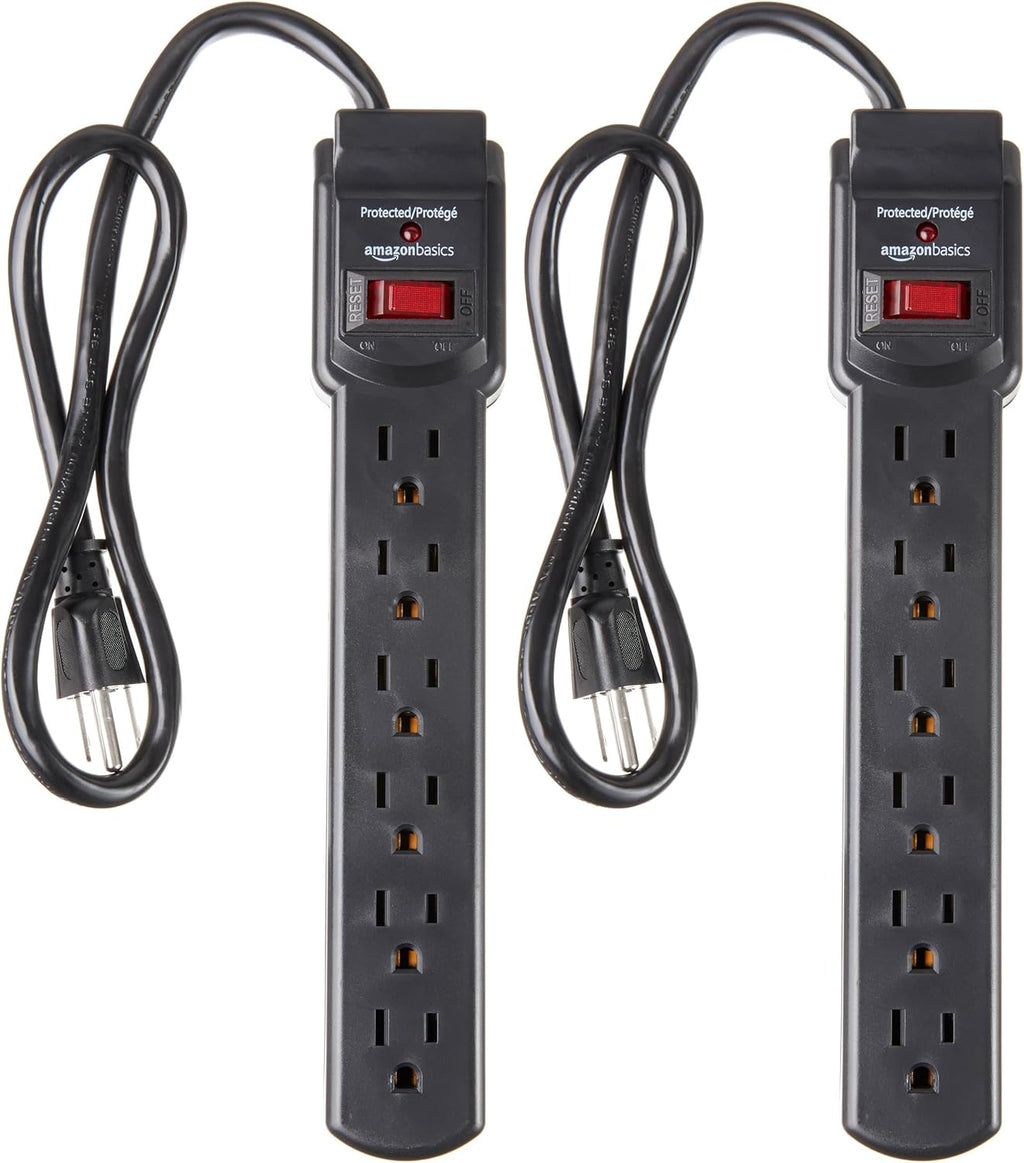 Surge Protector Power Strip, 6-Outlet with 200J Protection, 2ft Extension Cord, Rectangle, Black (2 Pack)