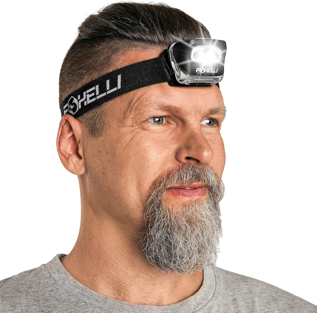 Foxelli LED Headlamp Flashlight for Adults & Kids, Running, Camping, Hiking Head Lamp with White & Red Light, Comfortable Headband, Lightweight & Waterproof, 3 AAA Batteries