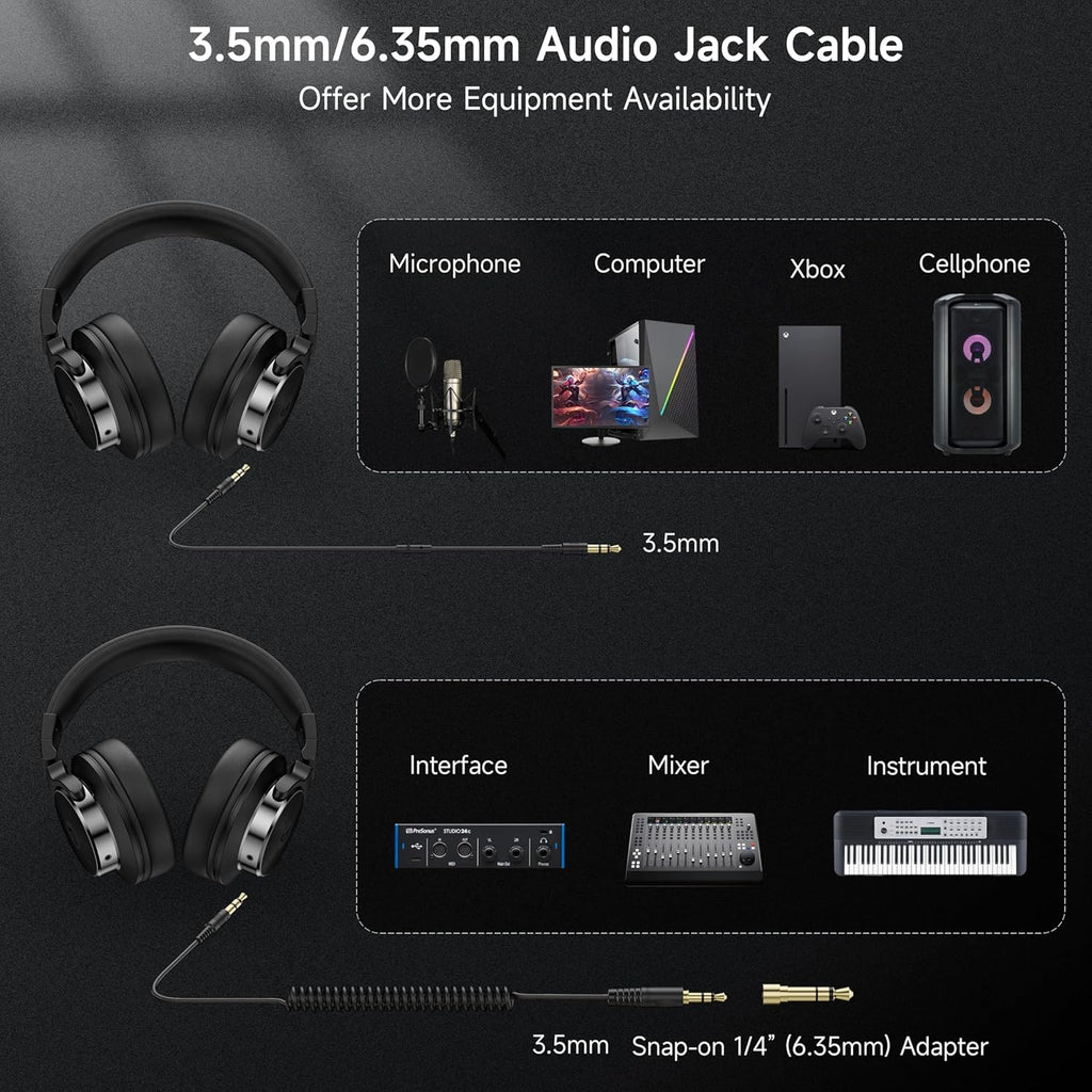 Wired Headphones Over Ear, Studio Monitor & Mixing DJ Headphones with 50mm Neodymium Drivers and 1/4 to 3.5mm Jack for Guitar AMP Podcast Piano Keyboard (Black)