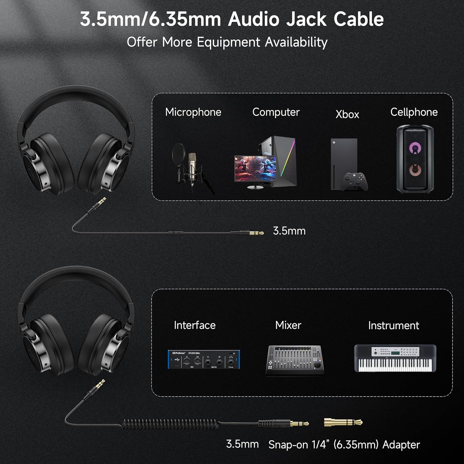 Wired Headphones Over Ear, Studio Monitor & Mixing DJ Headphones with 50mm Neodymium Drivers and 1/4 to 3.5mm Jack for Guitar AMP Podcast Piano Keyboard (Black)