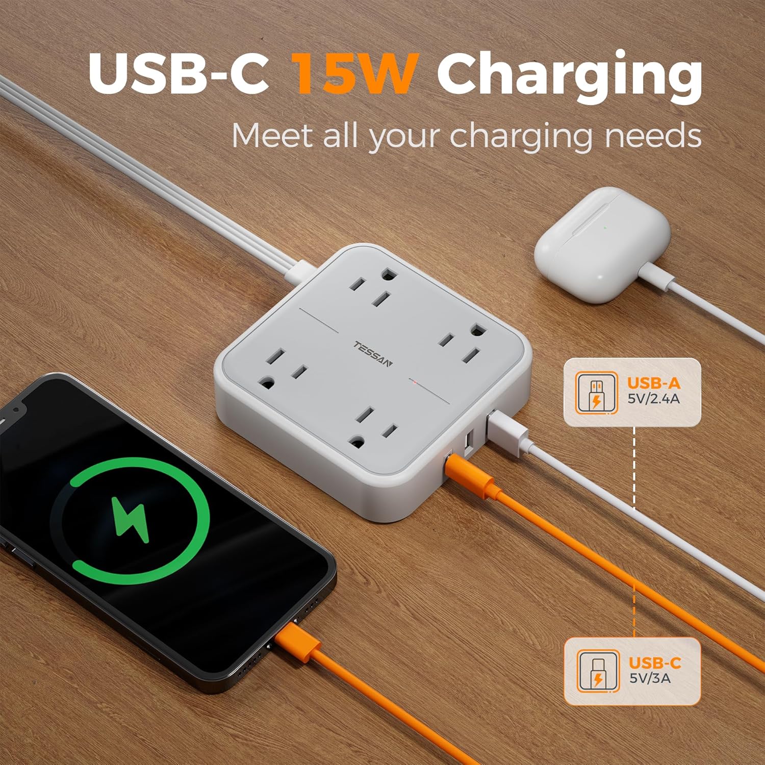 TESSAN Surge Protector Flat Extension Cord 5Ft, Flat Plug Power Strip with 4 Outlets 3 USB Ports (1 USB C), 900 Joules Protection, Multiple Wall Outlet Extender Suitable for Home Office Dorm, Grey